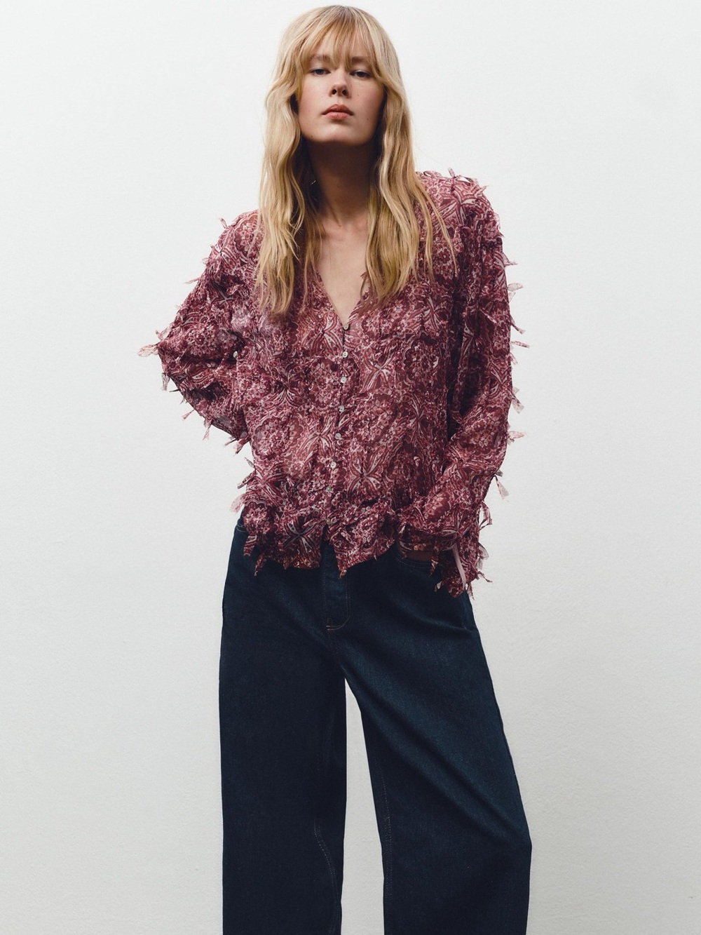 Zara Blouse Top Burgundy Red Textured Fringe Boho Small S